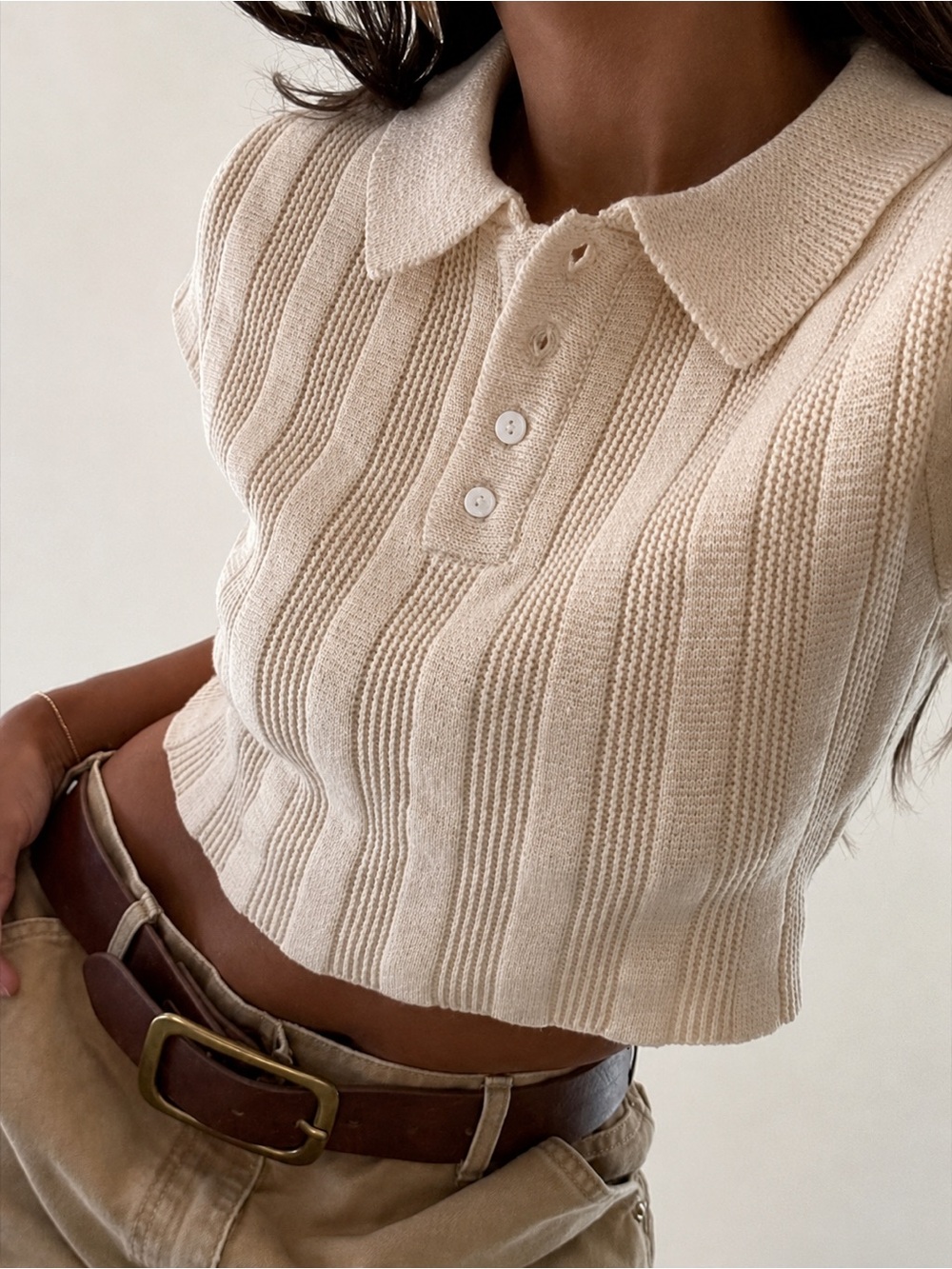 NWT Cream Ribbed Knit Cropped Polo Top - Size Small
